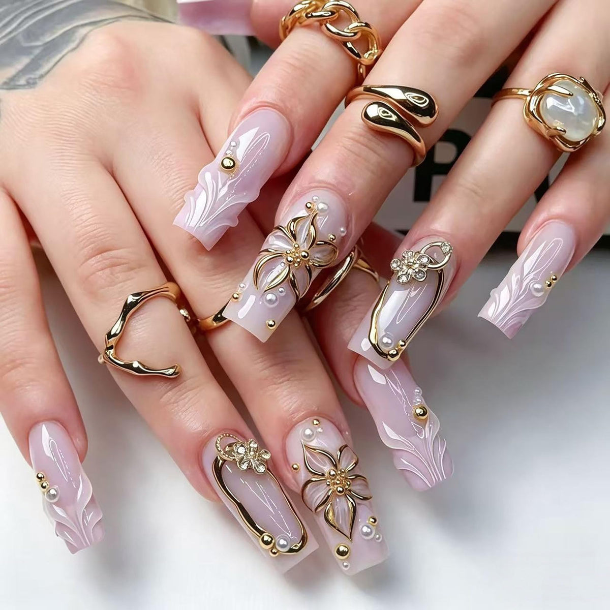 Coffin Press on Nails Long Acrylic Luxury Fake Nails 24pcs