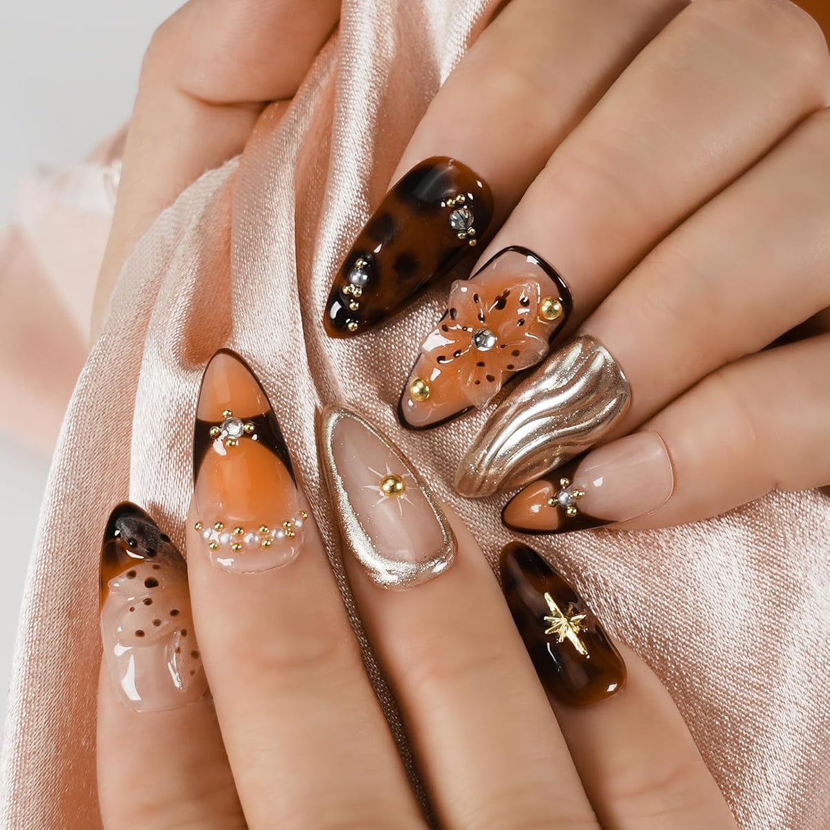 Gothic 3D Floral Press on Nails Medium Almond - Gold Cross & Rhinestone Design, Handmade Pearl Luxury Dark Romantic Reusable Nails (Orange Diamond Sweet Luxury,L)