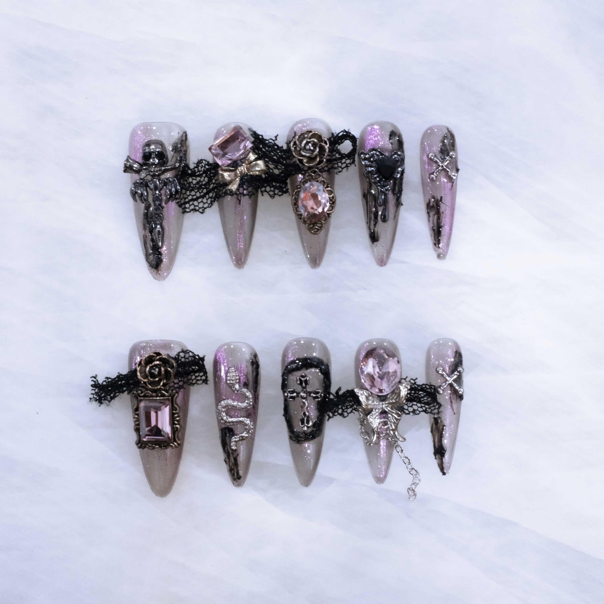 Luxury Handmade Press On Nails, Vintage Bohemian Style, Long Stiletto Shape, Crystal Heart Gems, Gold Stars Design, 10 Pieces (Large, LS)