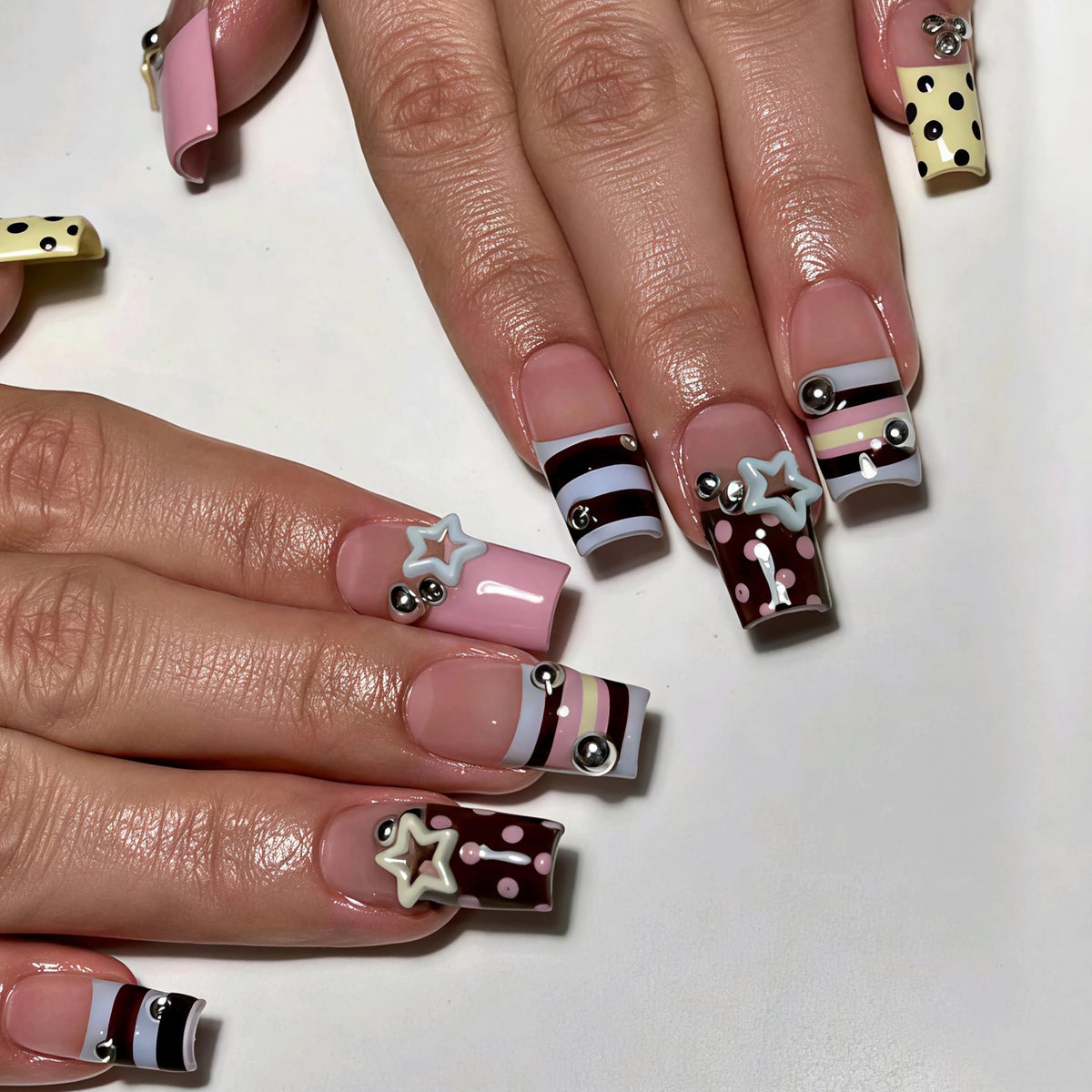 BABALAL Long Square Press on Nails - Blue Fake Nails, Luxury 3D Butterfly Gold Heart Charm Bling Design Full Cover Acrylic Nails Squoval Set 24Pcs