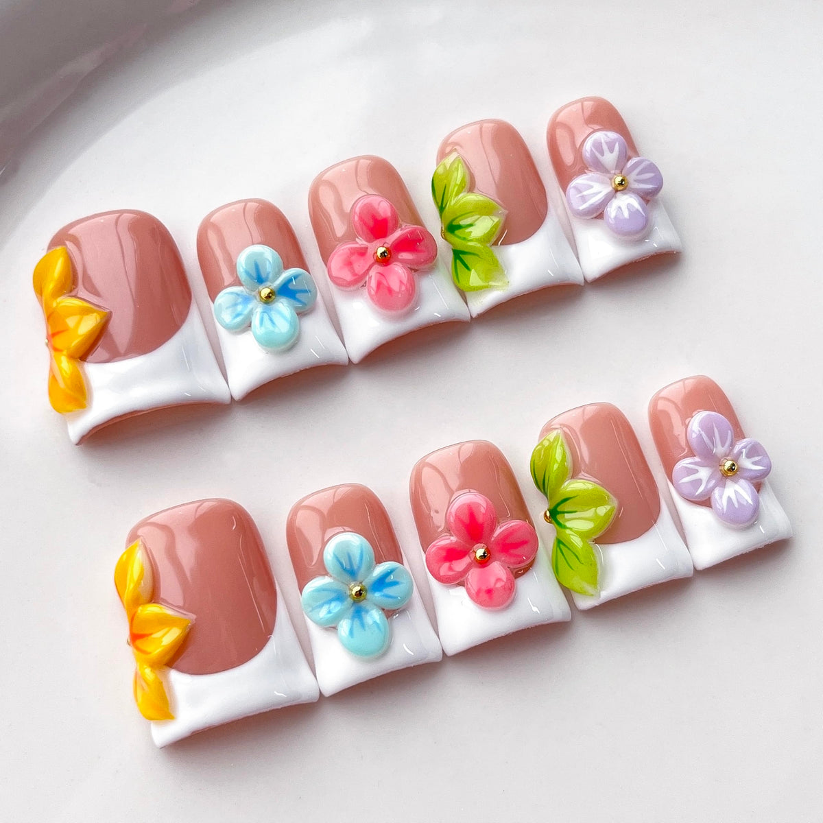 Handmade Press On Nails Short Square Nude 10PCS French Tip Fake Nails with 3D Gold Pearl Charms, Hand Painted Luxury Reusable Stick On Nails for Wedding Bridal Prom(M)