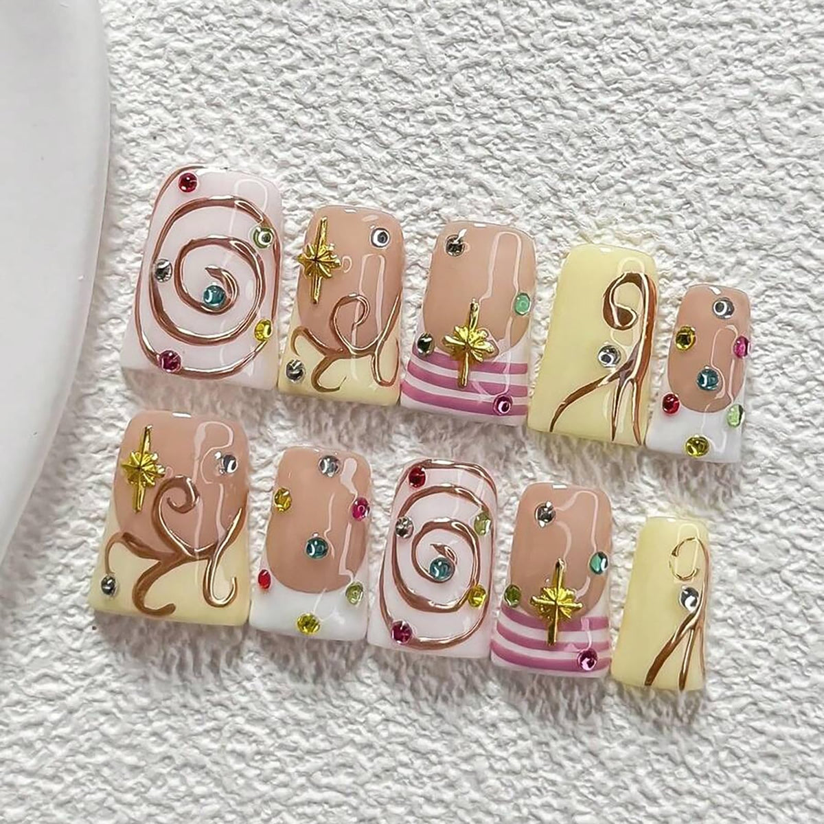 Handmade Press On Nails Short Square Nude 10PCS French Tip Fake Nails with 3D Gold Pearl Charms, Hand Painted Luxury Reusable Stick On Nails for Wedding Bridal Prom(M)