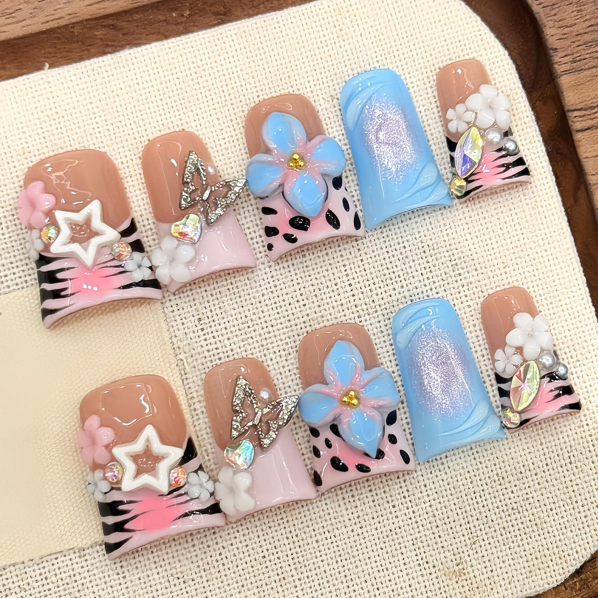 Nude Jelly Press on Nails Long Coffin, Handmade Luxury Rhinestone False Nails with Crystal & Pearl, Glossy Nude Ballerina Fake Nails Reusable Stick On Nails Set for Women 10Pcs