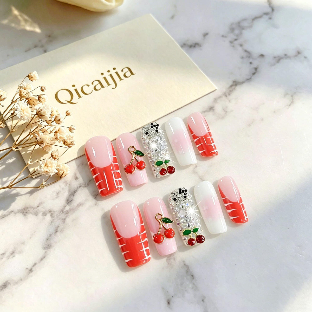 Luxury Handmade Press on Nails Long Coffin Fake Nails Rhinestone Crystal Full Cover False Nails with Glue with Designs Sparkly Long Acrylic Nail Reusable Stick on Nail for Women 10Pcs(Size M)