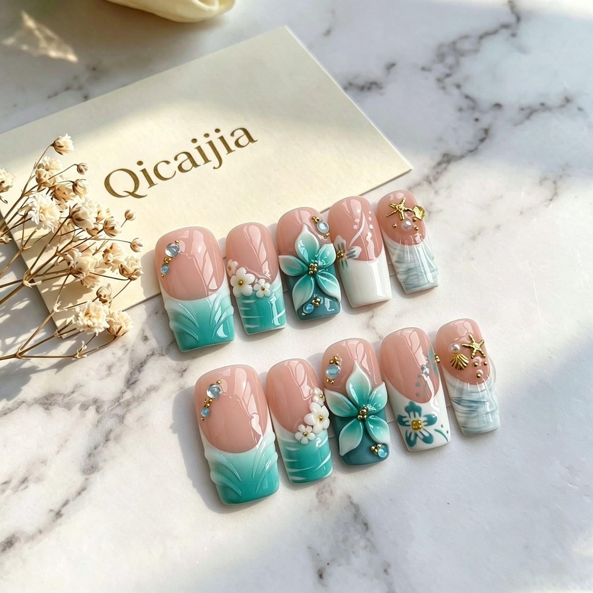 Handmade Press on Nails Medium Square Brown Gradient False Nails with 3D Flower and Swirl Design French Tip Fake Nails Luxury Reusable Acrylic Nails Press Ons for Women 10Pcs (Size M)