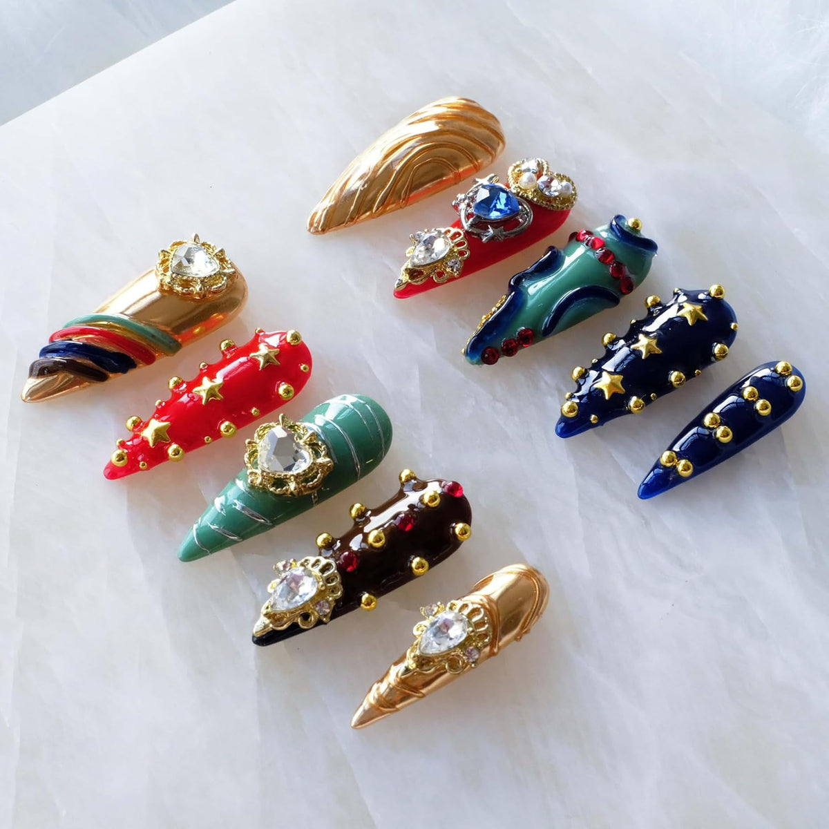 Luxury Handmade Press On Nails, Vintage Bohemian Style, Long Stiletto Shape, Crystal Heart Gems, Gold Stars Design, 10 Pieces (Large, LS)