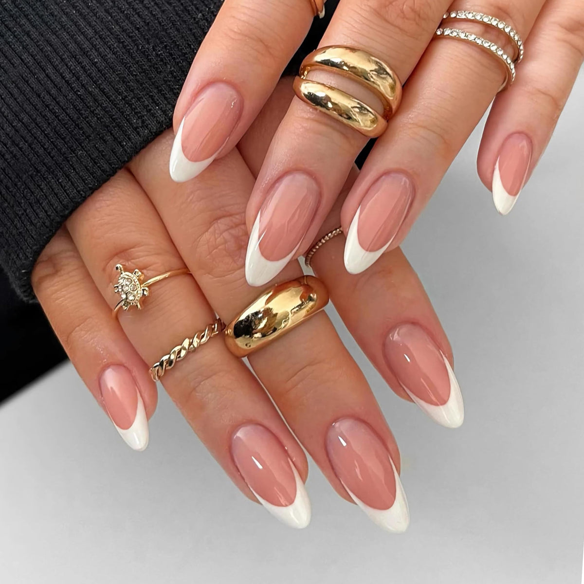 Qsnidy Press on Nails Almond, Ombre Nude to White, Glossy Fake Nails