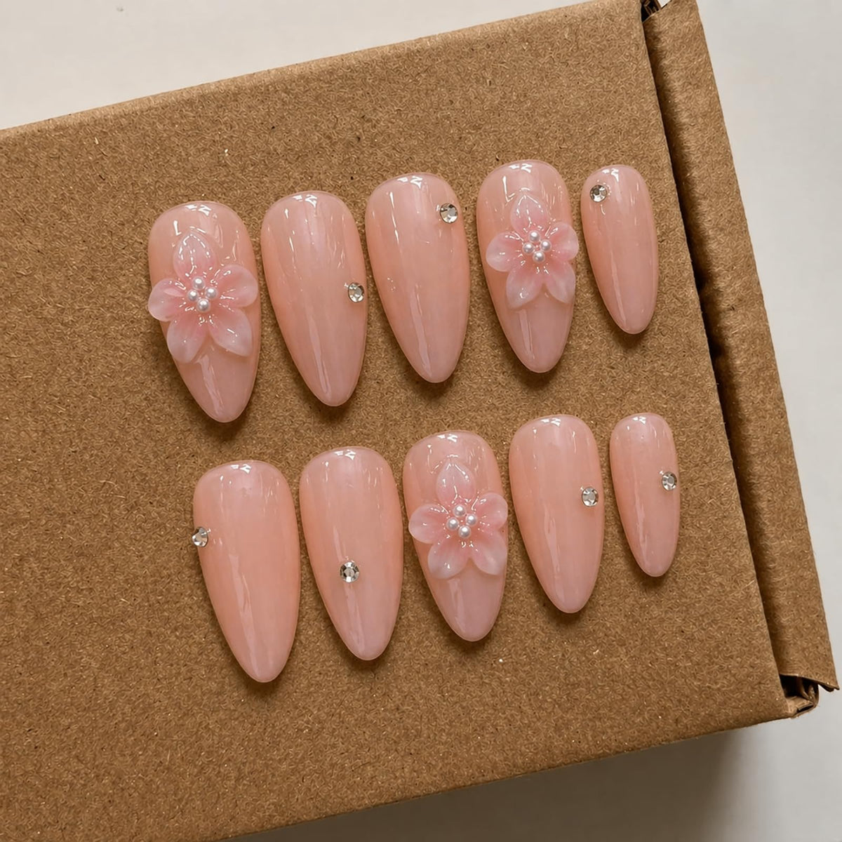 Handmade Almond Press on Nails Medium, Nude White French Tip Fake Nails with 3D White Flower Gold Metal Lines Pearl Decor, Glossy Reusable Full Cover False Nails for Women Wedding Daily(S)