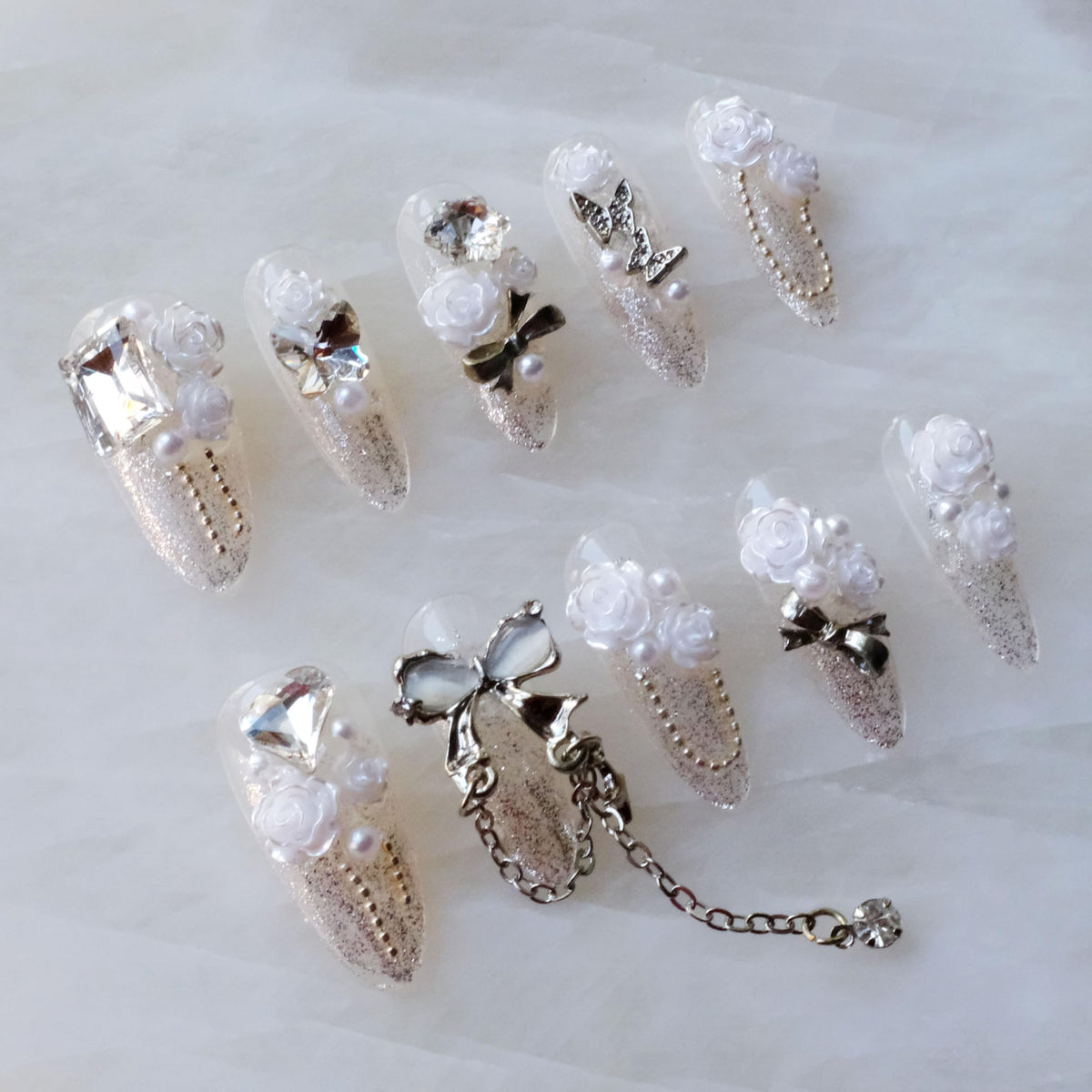 Luxury Handmade Press On Nails, Vintage Bohemian Style, Long Stiletto Shape, Crystal Heart Gems, Gold Stars Design, 10 Pieces (Large, LS)