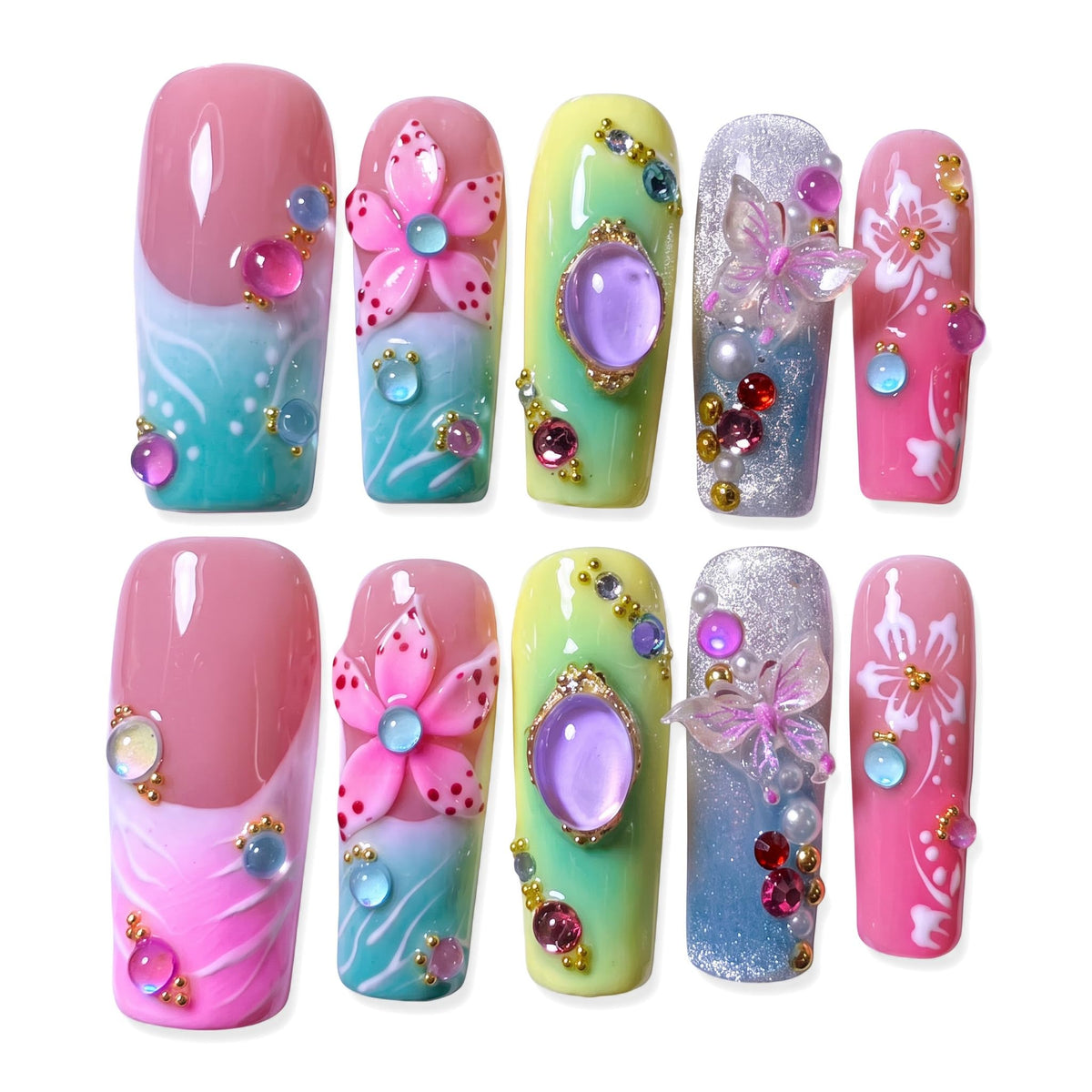 xl Luxury Press on Nails Long Handmade Square Acrylic False Nails French Tip with Bow Rhinestones Designs Fake Stick on Nails for Women Wedding Prom Party Manicure 10Pcs(Size M)