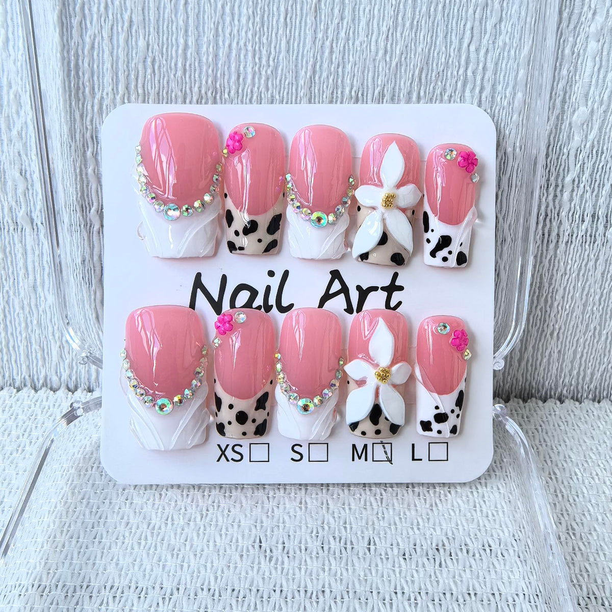 Handmade Press on Nails Medium Square Fake Nails Green Ombre French Tip with 3D Flower Designs luxury Rhinestones Glossy Cute Acrylic Nails for Women 10pcs (Size M）
