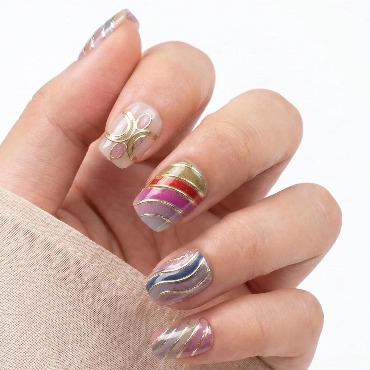 Glossy Nude Gold French Tip Press On Nails Short Almond, 30 PCS