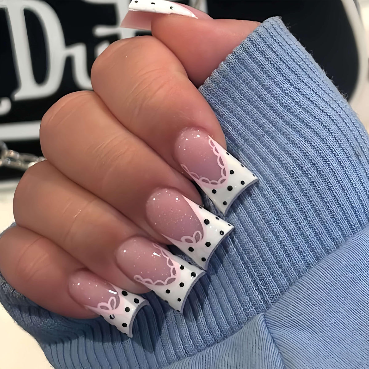Medium Almond Press On Nails, Milky Nude Fake Nails with White French Tips, Gold Outline Design, Rhinestone and Pearl Accents, Glossy Reusable Glue On Nails for Women Wedding, 24PCS
