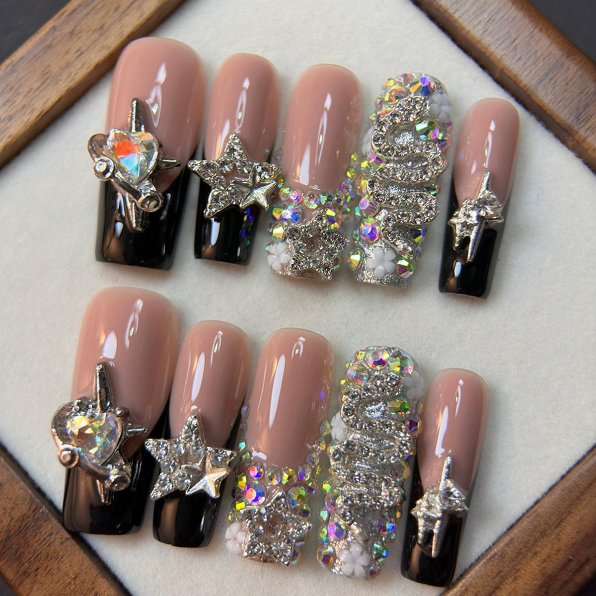 Luxury Handmade Press on Nails Long Coffin Fake Nails Rhinestone Crystal Full Cover False Nails with Glue with Designs Sparkly Long Acrylic Nail Reusable Stick on Nail for Women 10Pcs(Size M)