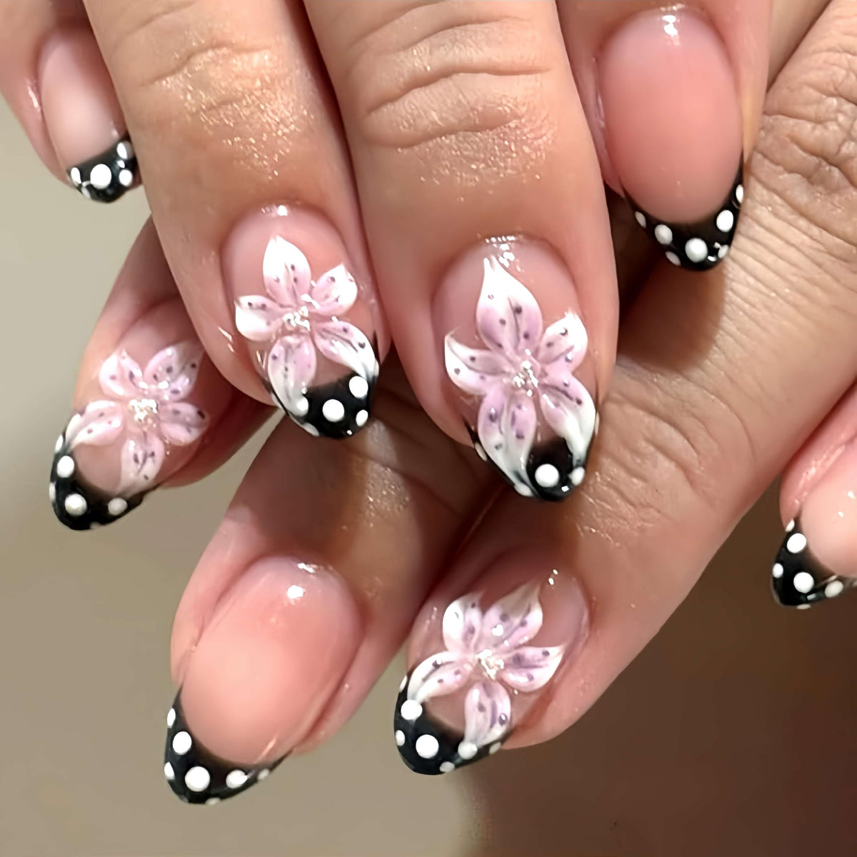Medium Almond Press On Nails, Milky Nude Fake Nails with White French Tips, Gold Outline Design, Rhinestone and Pearl Accents, Glossy Reusable Glue On Nails for Women Wedding, 24PCS