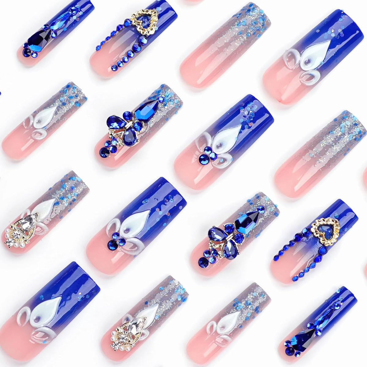 BABALAL Long Square Press on Nails - Blue Fake Nails, Luxury 3D Butterfly Gold Heart Charm Bling Design Full Cover Acrylic Nails Squoval Set 24Pcs