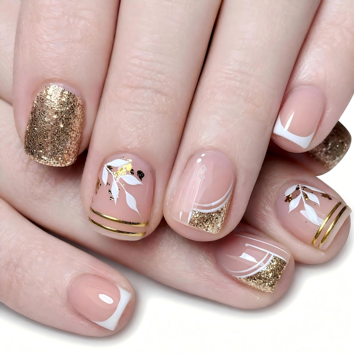 Glossy Nude Gold French Tip Press On Nails Short Almond, 30 PCS
