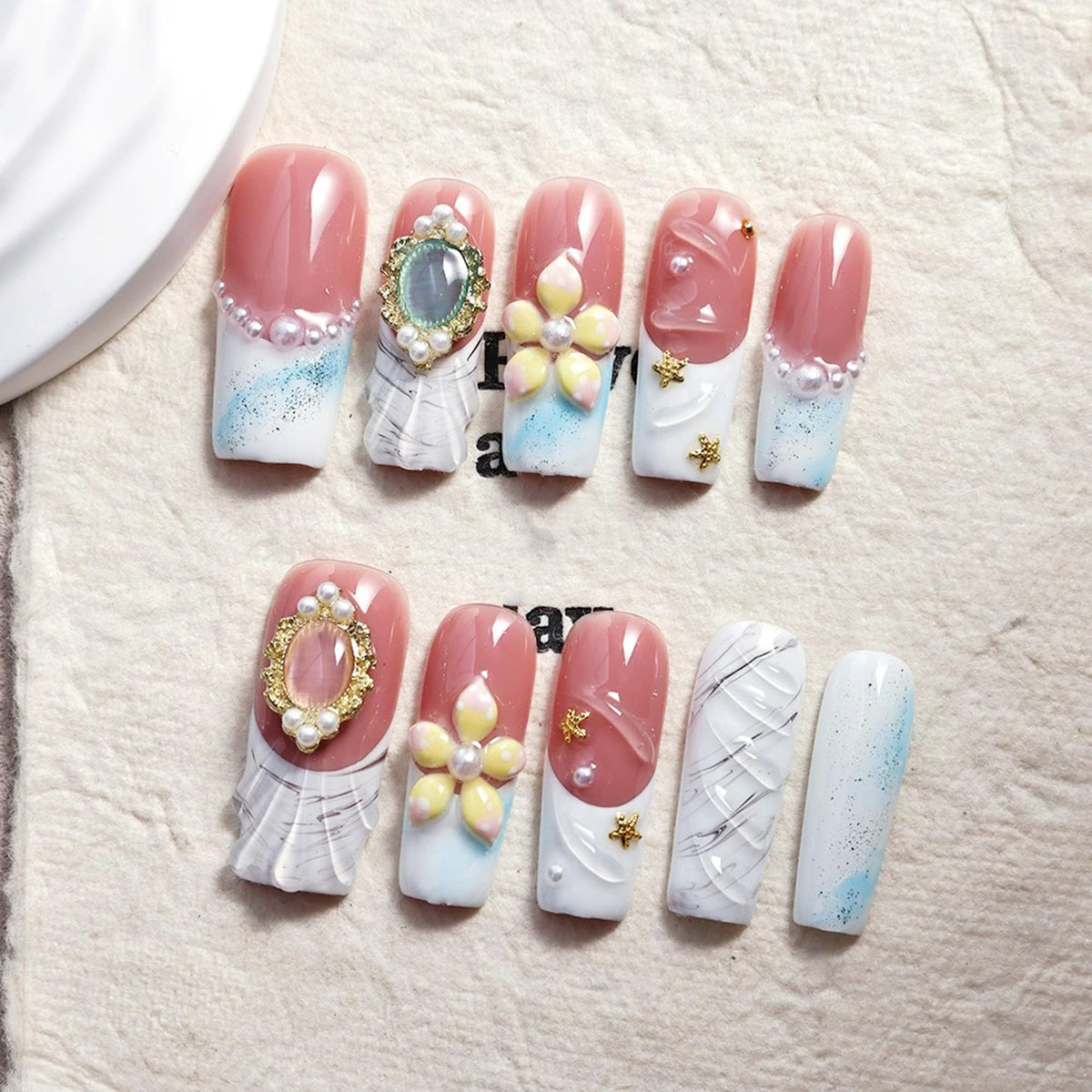 Luxury Handmade Press on Nails Long Coffin Fake Nails Rhinestone Crystal Full Cover False Nails with Glue with Designs Sparkly Long Acrylic Nail Reusable Stick on Nail for Women 10Pcs(Size M)