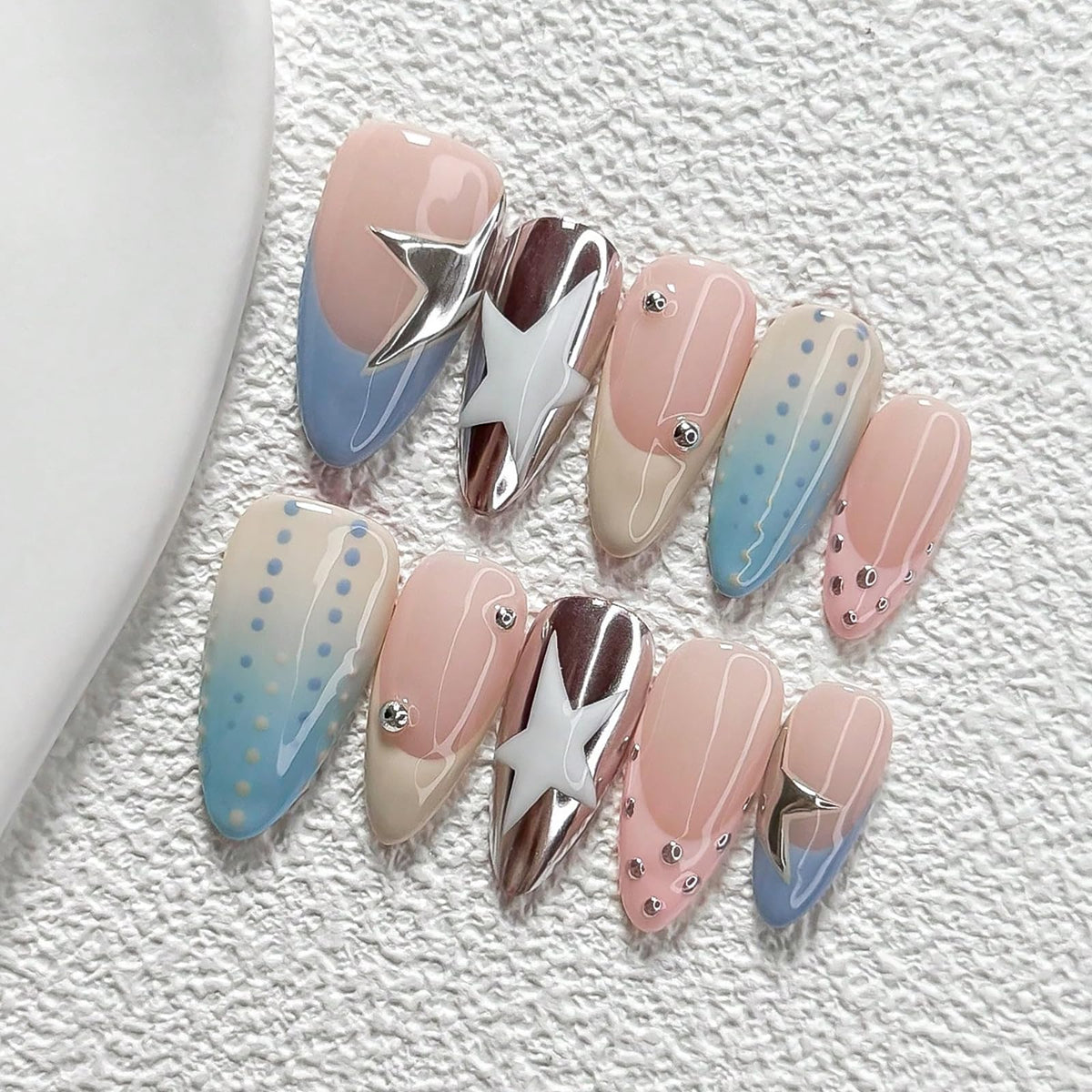 Handmade Almond Press on Nails Medium, Nude White French Tip Fake Nails with 3D White Flower Gold Metal Lines Pearl Decor, Glossy Reusable Full Cover False Nails for Women Wedding Daily(S)