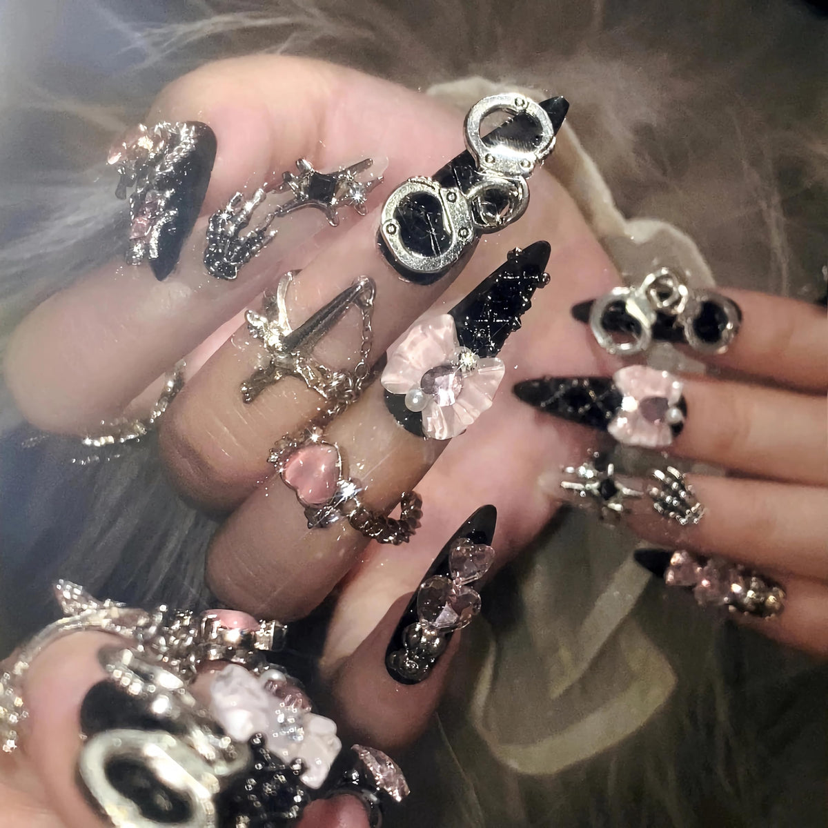 BABALAL Press On Nails, Extra Long Stiletto Fake Nails, Nude Pink, Crystal Rhinestone & Diamond Accents, Glossy Luxury Wedding Party Glue On Nails for Women and Girls 24Pcs