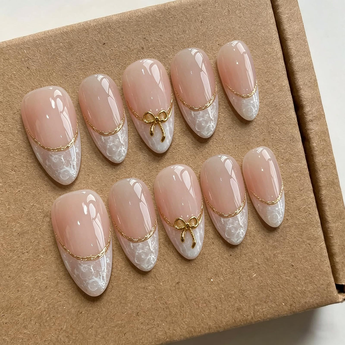 Handmade Almond Press on Nails Medium, Nude White French Tip Fake Nails with 3D White Flower Gold Metal Lines Pearl Decor, Glossy Reusable Full Cover False Nails for Women Wedding Daily(S)