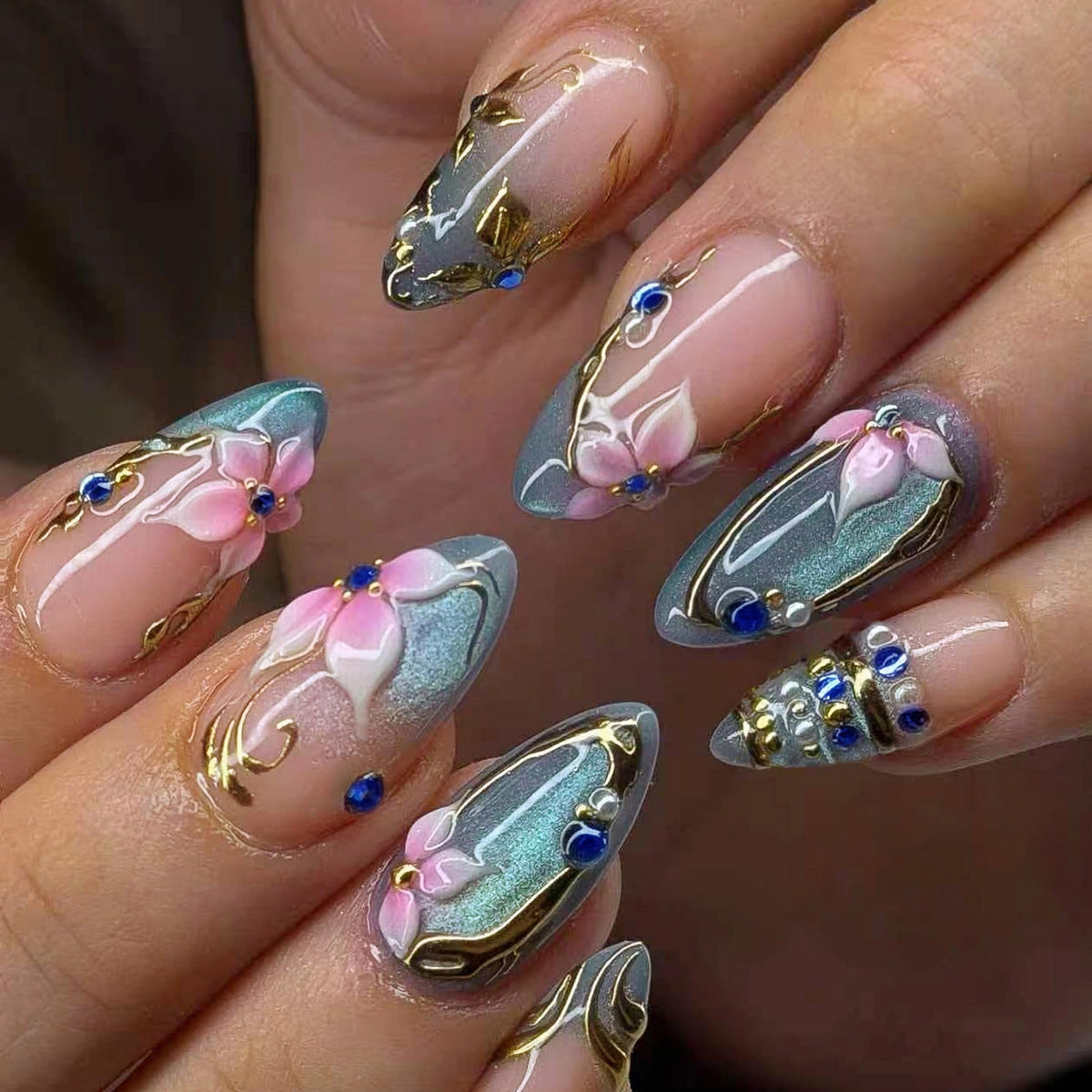 MERVF Medium Almond Press on Nails - White Ombre French Tip Fake Acrylic Nails, Rhinestones Gold Rings Design Wedding Glossy Finish 24pcs