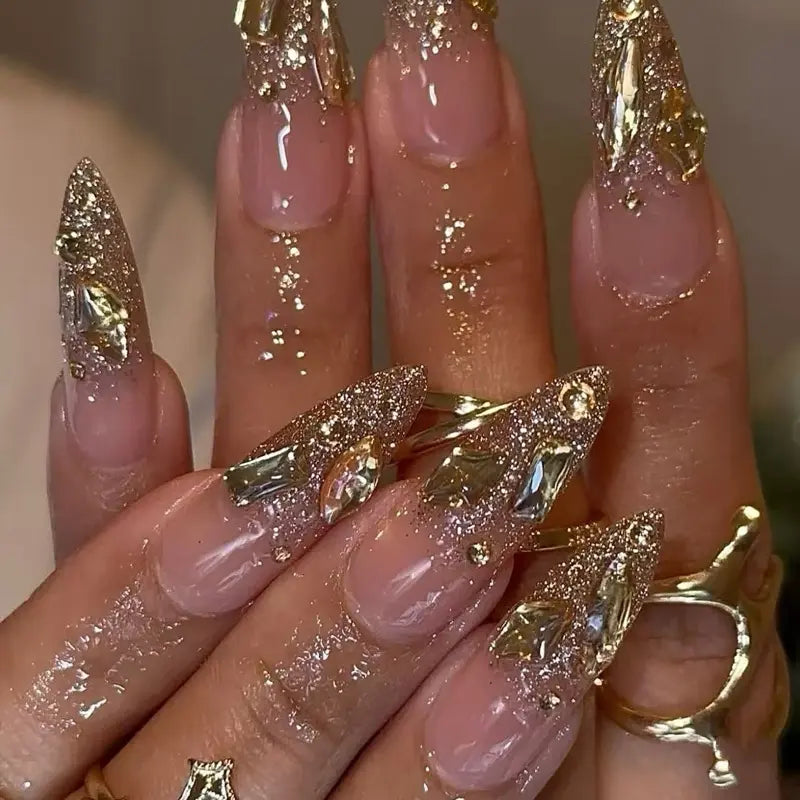 SHEDARES Golden Glitter – Luxury Nude Press-On Nails with Gold Glitter & Metallic Gems – Perfect for Weddings, Parties & Elegant Glam Nights