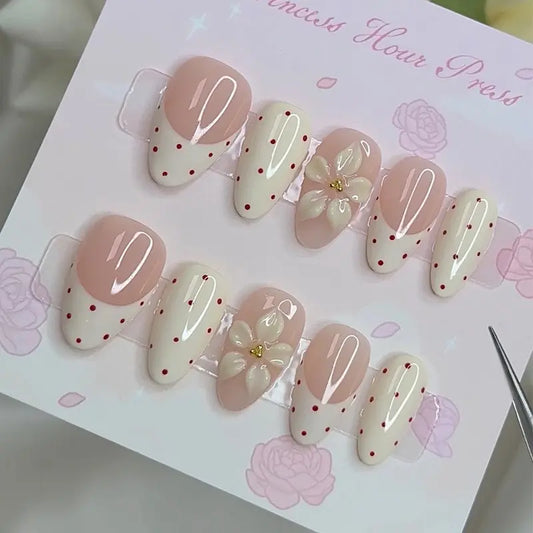 Salon-Quality Almond Fake Nails 30pcs, Polka Dot French Tip, 3D Flower Design, Reusable, Easy Application, No Nail Salon Needed for Women
