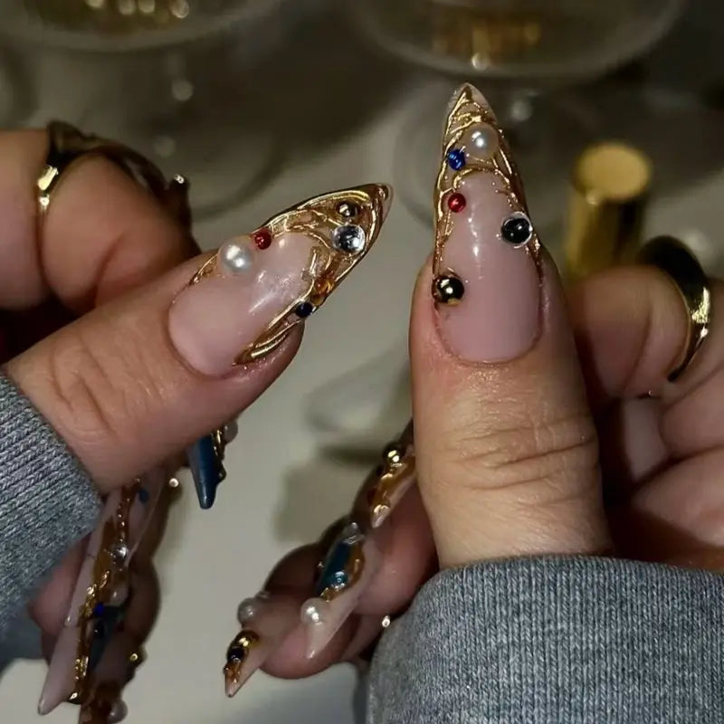 SHEDARES Gilded Heirloom – Luxury Press-On Nails with Sculpted Gold Art, Multicolor Gem Accents & Glossy Nude Base– Perfect for Night Out & Special Events