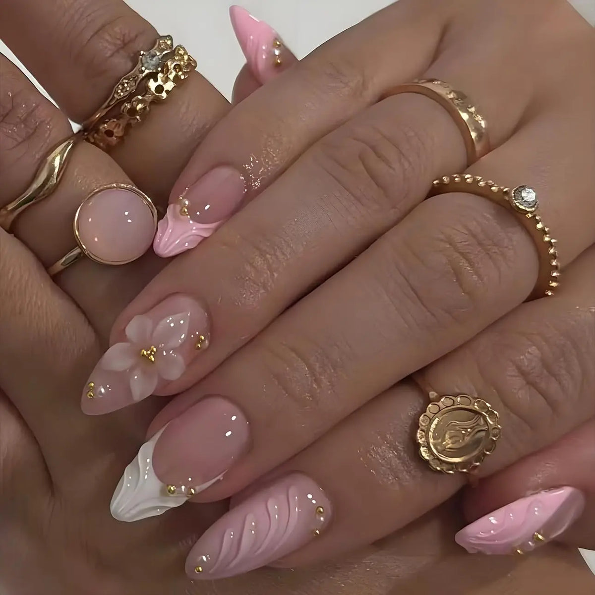 3D Pink Press on Nails Almond - Medium French Tip Fake Nails with Embossed Flower&Gold Bead Designs, Glossy Finish Reusable False Nails with Glue Tabs - 24Pcs Nail Kit for Women Manicure