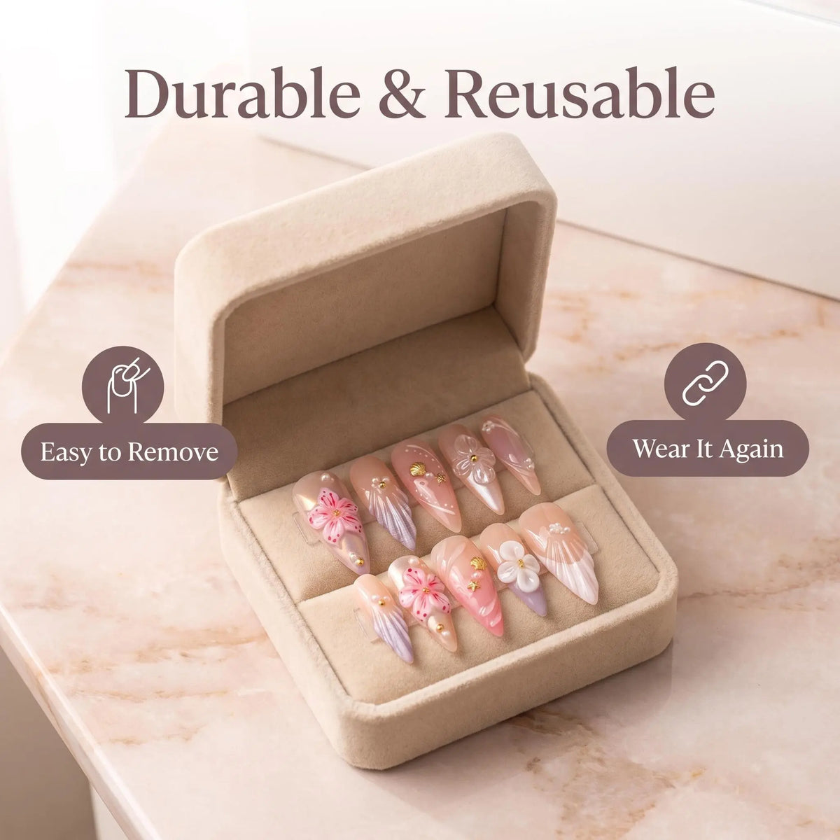 3D Floral Pearl Nail Design Kit, Luxury Pink Nude Nail Art Style with Shell & Star Details, Elegant French Inspired Glossy Manicure Look for Summer Vacation, Wedding, Date Night & Everyday Beauty