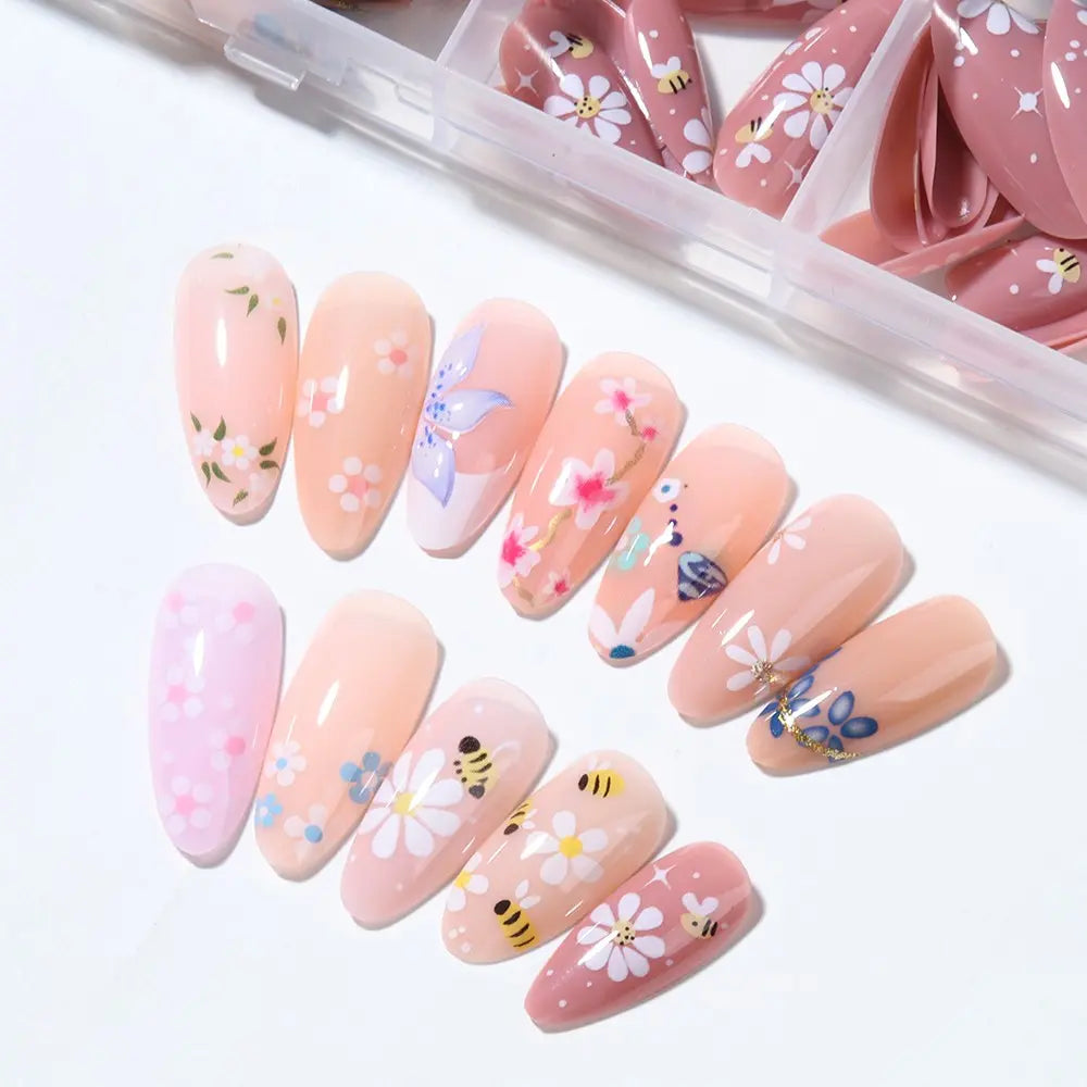 288pcs Long Almond Press-On Nails, False Nails, Decorative Nails, Floral Patterns Flower Cherry Blossom Bee Design, Includes Jelly Glue and Nail Files, Perfect for Parties and Daily Wear