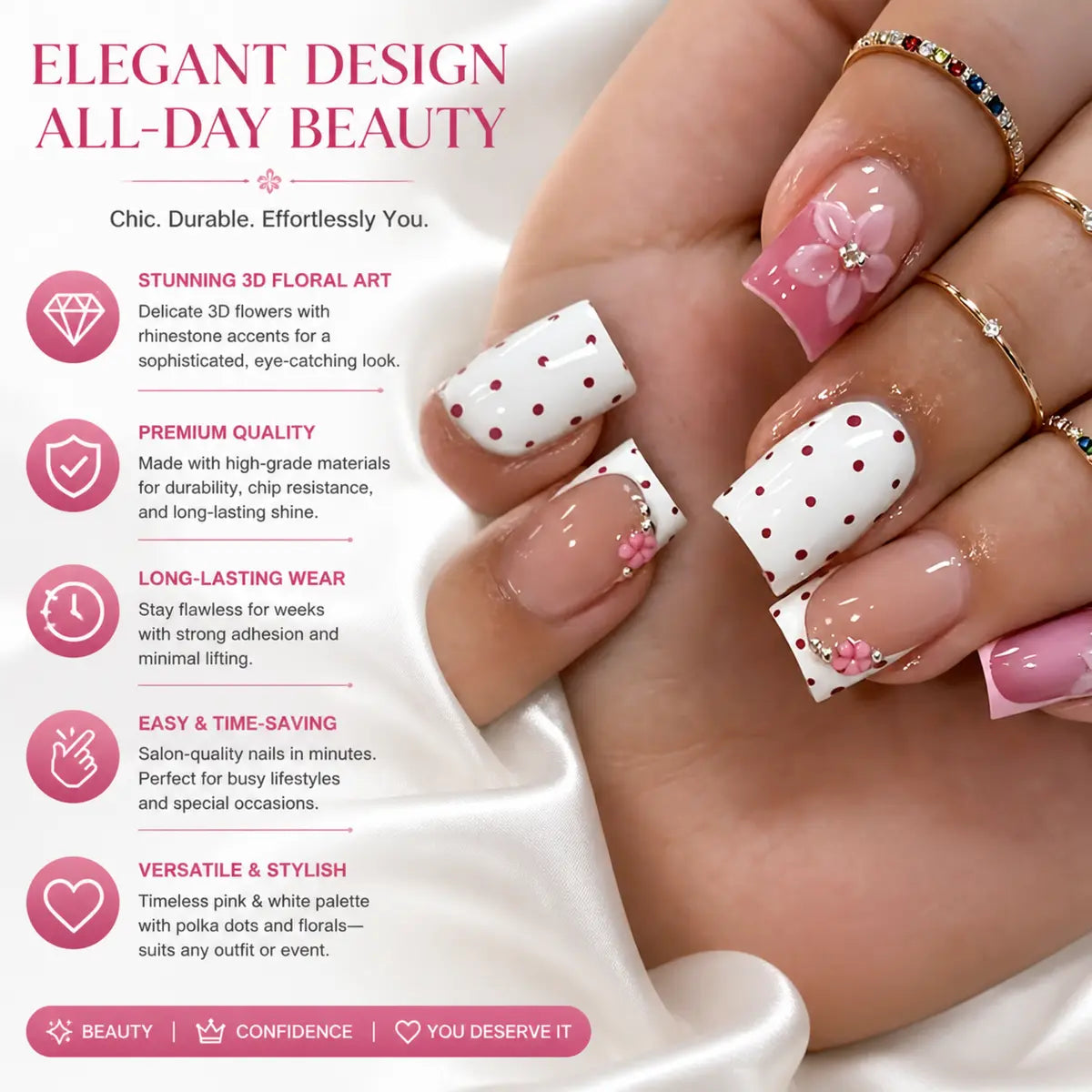 24Pcs Medium Square Sweet Press On Nails, 3D Fresh Gentle False Nails For Daily Wear Party, Comes With Jelly Glue & Nail File