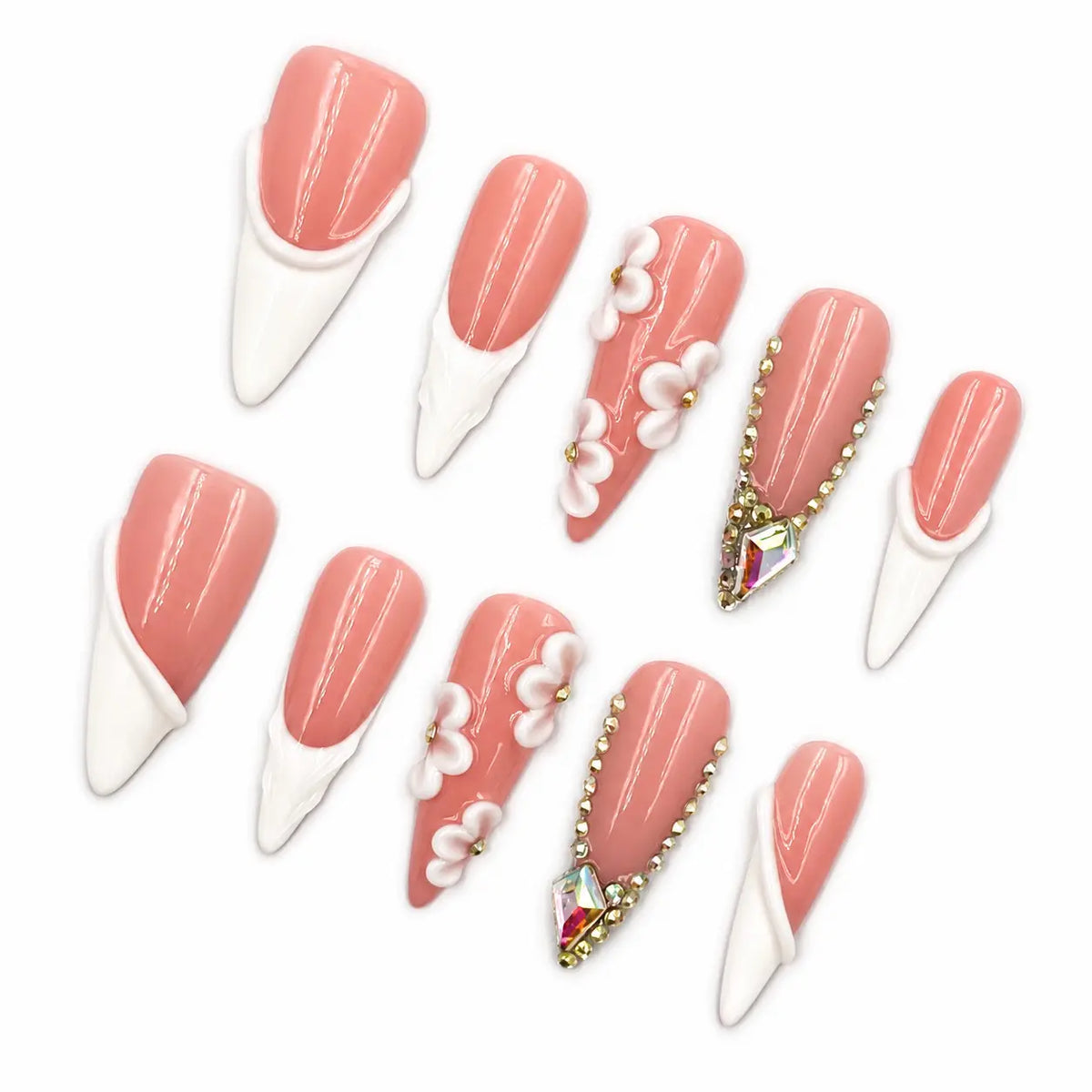 Get a Luxe Bridal Manicure, 10pcs Long Stiletto Peach Pink and White French Tip Nails, 3D White Flowers, Pleated Shell Texture and Crystal Frame, Glossy Reusable Handmade Press On Nails, Acrylic Fake Nails for Women, Weddings, Prom & Parties