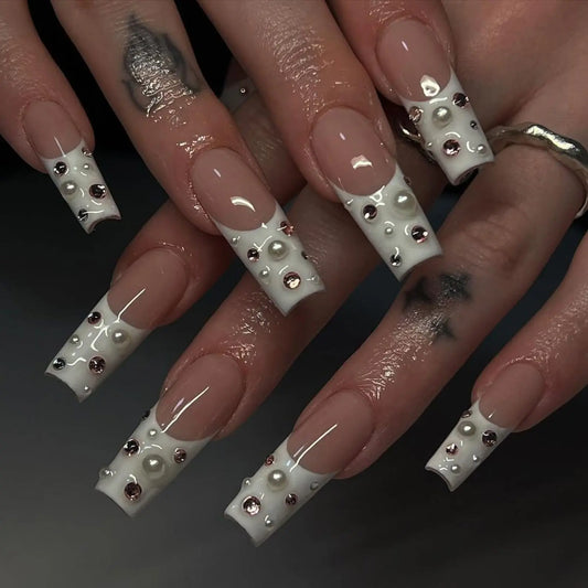 Alice WonderNails – French Tip Wedding Press-On Nails with Pearls & Rhinestones | Classic Elegant Bride Nail Art for Event Nails – AW239