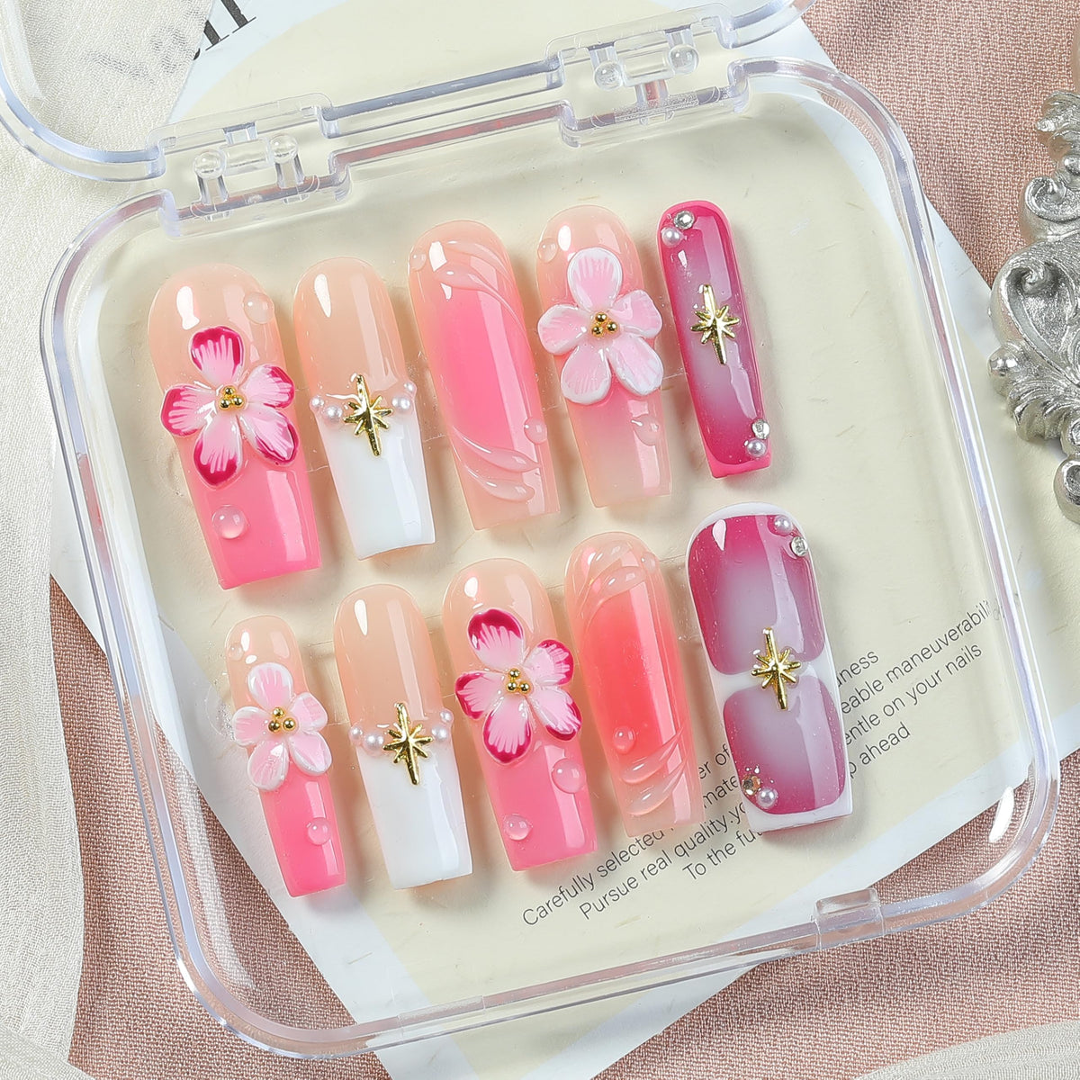 Luxury Baroque Press-On Nails 10pcs, Handmade Long Square Acrylic Nails with Sculpted Gold Relief, Gemstone Heart Charms & Pearl Details, Vintage Green Brown Glossy Design for Statement Style – Appife