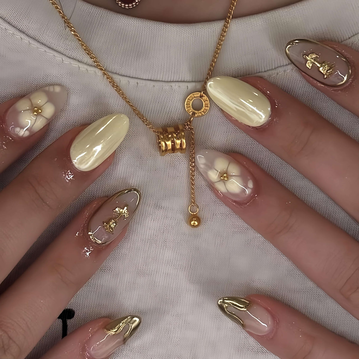 Medium Almond Press On Nails, Milky Nude Fake Nails with White French Tips, Gold Outline Design, Rhinestone and Pearl Accents, Glossy Reusable Glue On Nails for Women Wedding, 24PCS