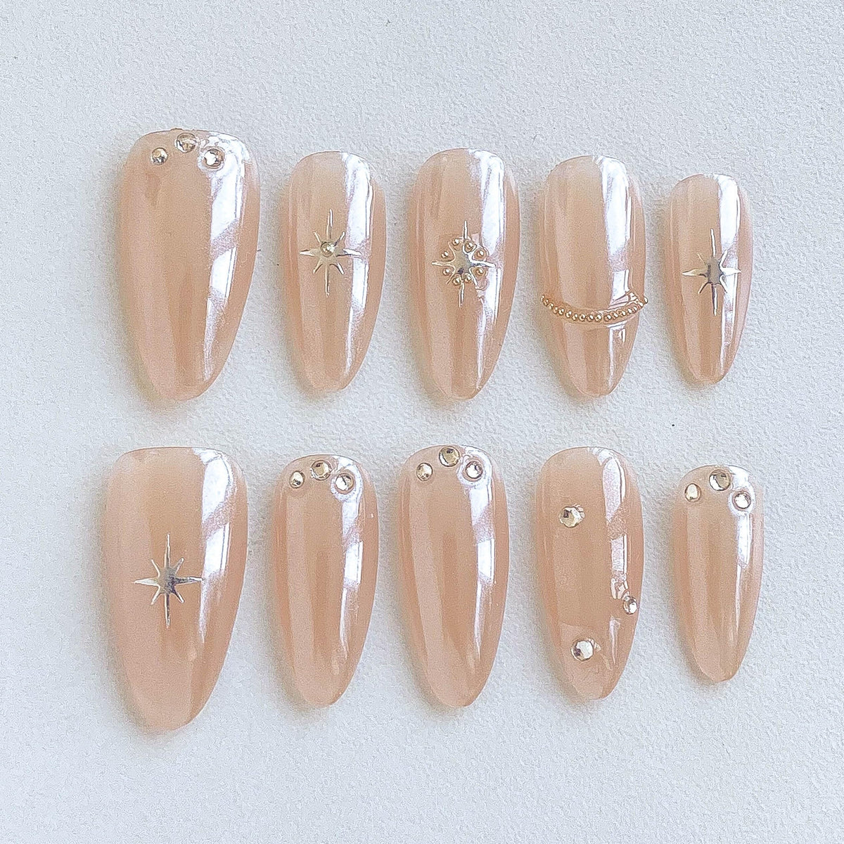 Luxury Handmade Press On Nails, Vintage Bohemian Style, Long Stiletto Shape, Crystal Heart Gems, Gold Stars Design, 10 Pieces (Large, LS)