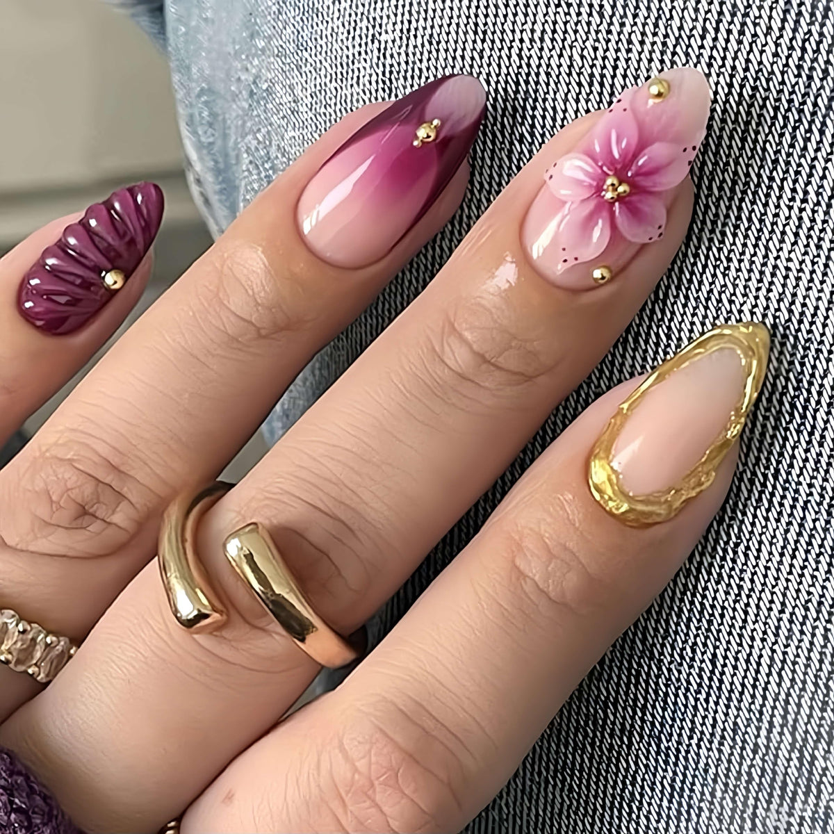Medium Almond Press On Nails, Milky Nude Fake Nails with White French Tips, Gold Outline Design, Rhinestone and Pearl Accents, Glossy Reusable Glue On Nails for Women Wedding, 24PCS
