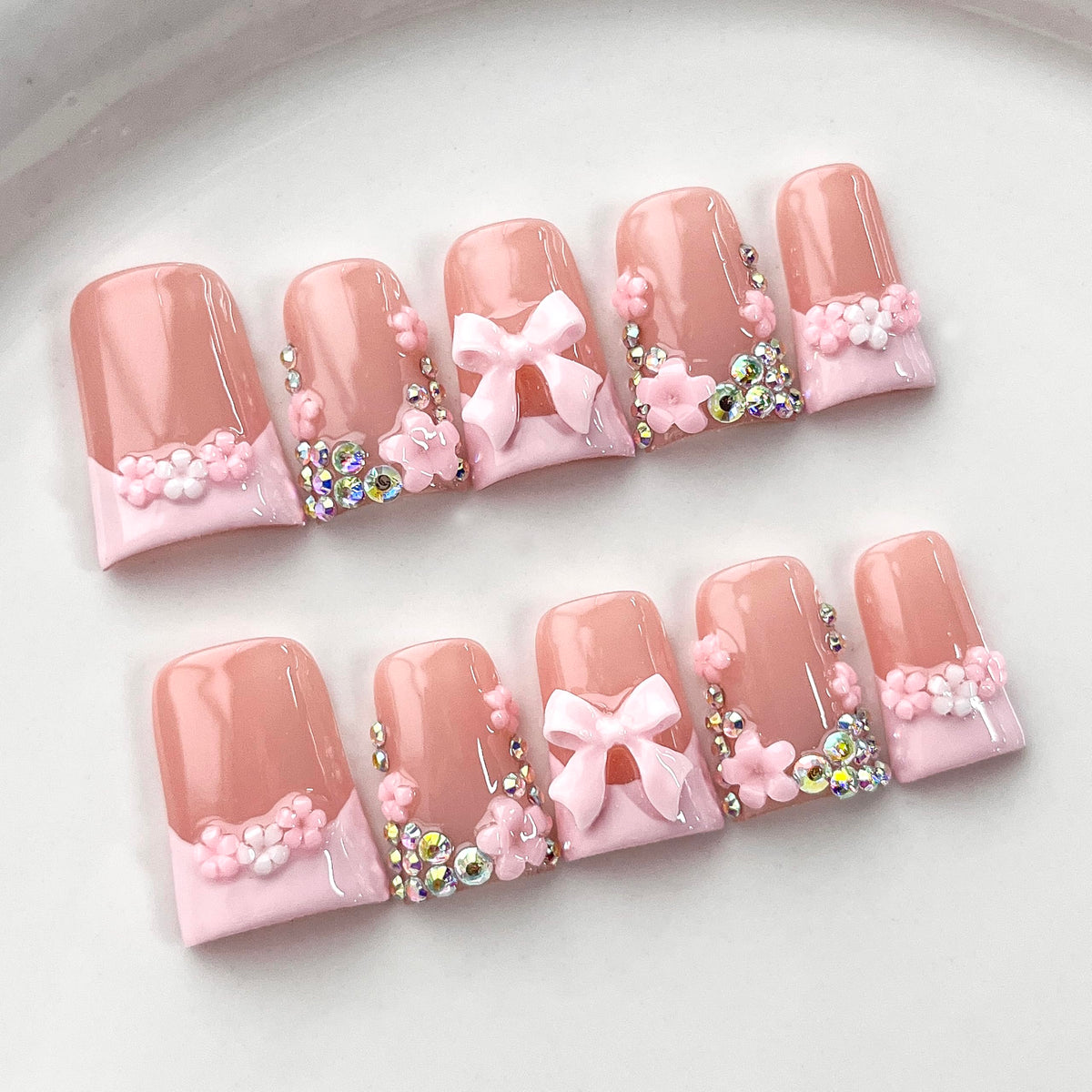 Handmade Press On Nails Short Square Nude 10PCS French Tip Fake Nails with 3D Gold Pearl Charms, Hand Painted Luxury Reusable Stick On Nails for Wedding Bridal Prom(M)