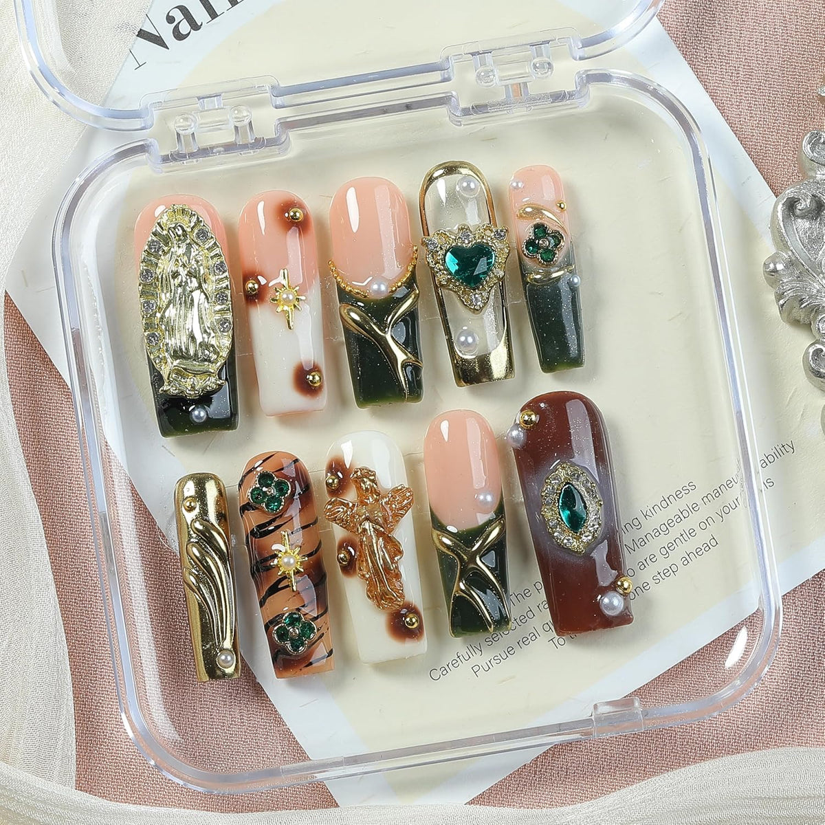Luxury Baroque Press-On Nails 10pcs, Handmade Long Square Acrylic Nails with Sculpted Gold Relief, Gemstone Heart Charms & Pearl Details, Vintage Green Brown Glossy Design for Statement Style – Appife