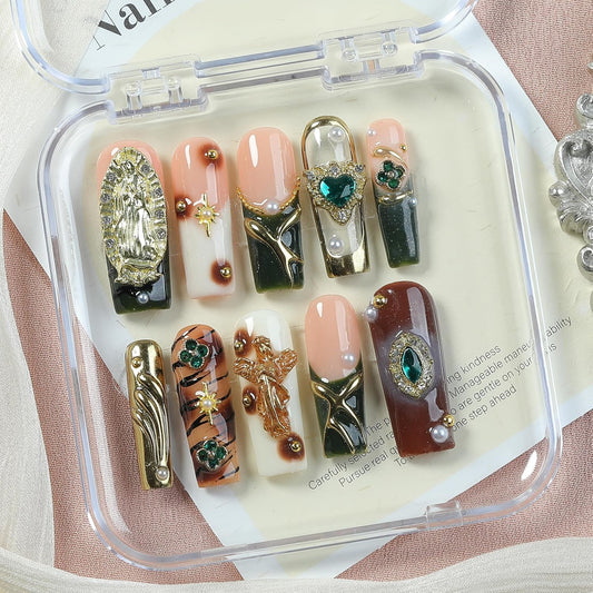 Luxury Baroque Press-On Nails 10pcs, Handmade Long Square Acrylic Nails with Sculpted Gold Relief, Gemstone Heart Charms & Pearl Details, Vintage Green Brown Glossy Design for Statement Style – Appife