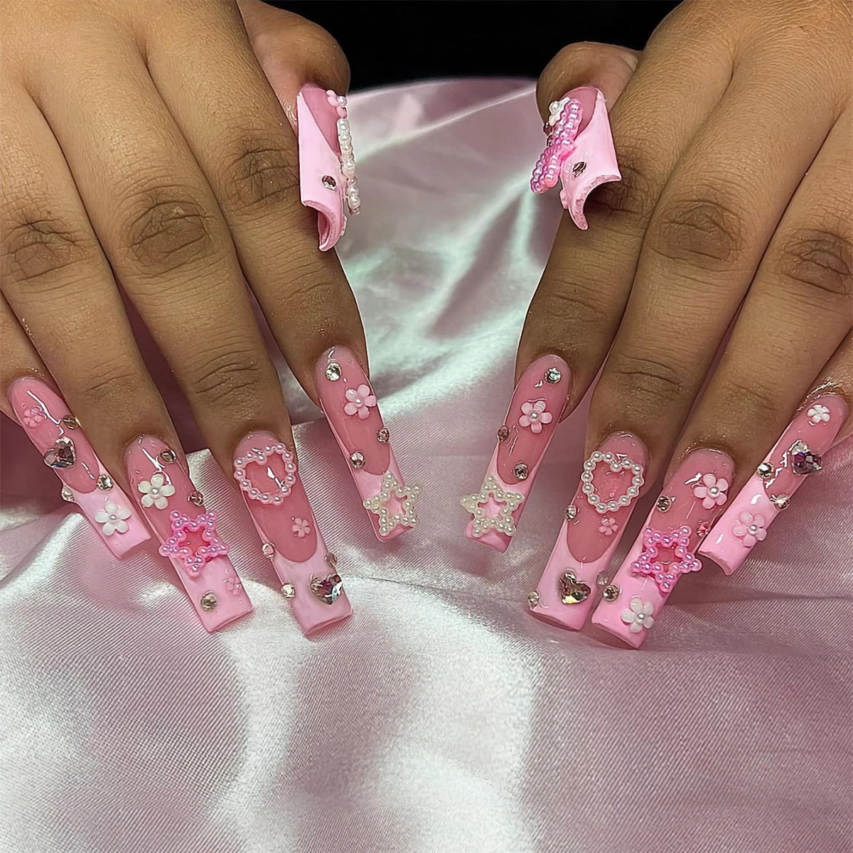 BABALAL Long Square Press on Nails - Blue Fake Nails, Luxury 3D Butterfly Gold Heart Charm Bling Design Full Cover Acrylic Nails Squoval Set 24Pcs