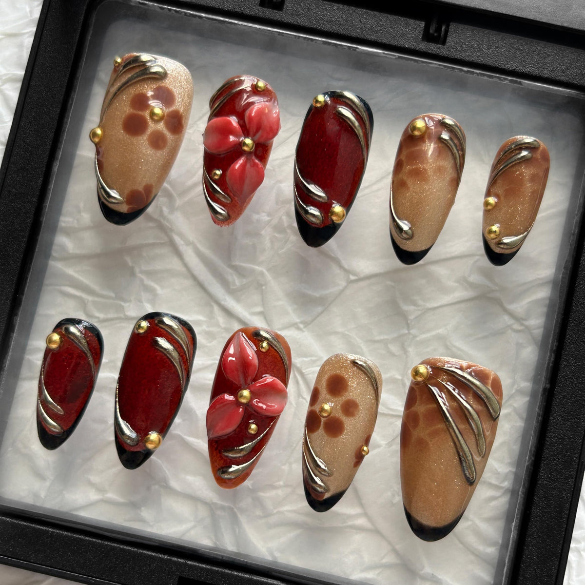 Press on Nails, Handmade Medium Almond Fake Nails, 3D Art False Fingernails with Design Full Cover Fake Nail, Glossy Acrylic Stick on Nails Artificial Nails for Women Manicure 10 Pcs (L)