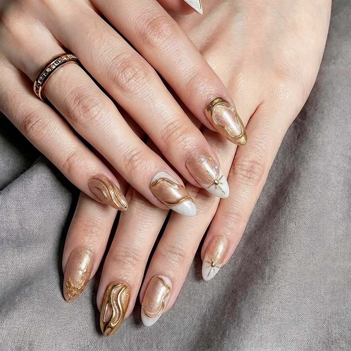 Black French Tip Press On Nails Almond Stiletto, Nude Glossy Fake Nails