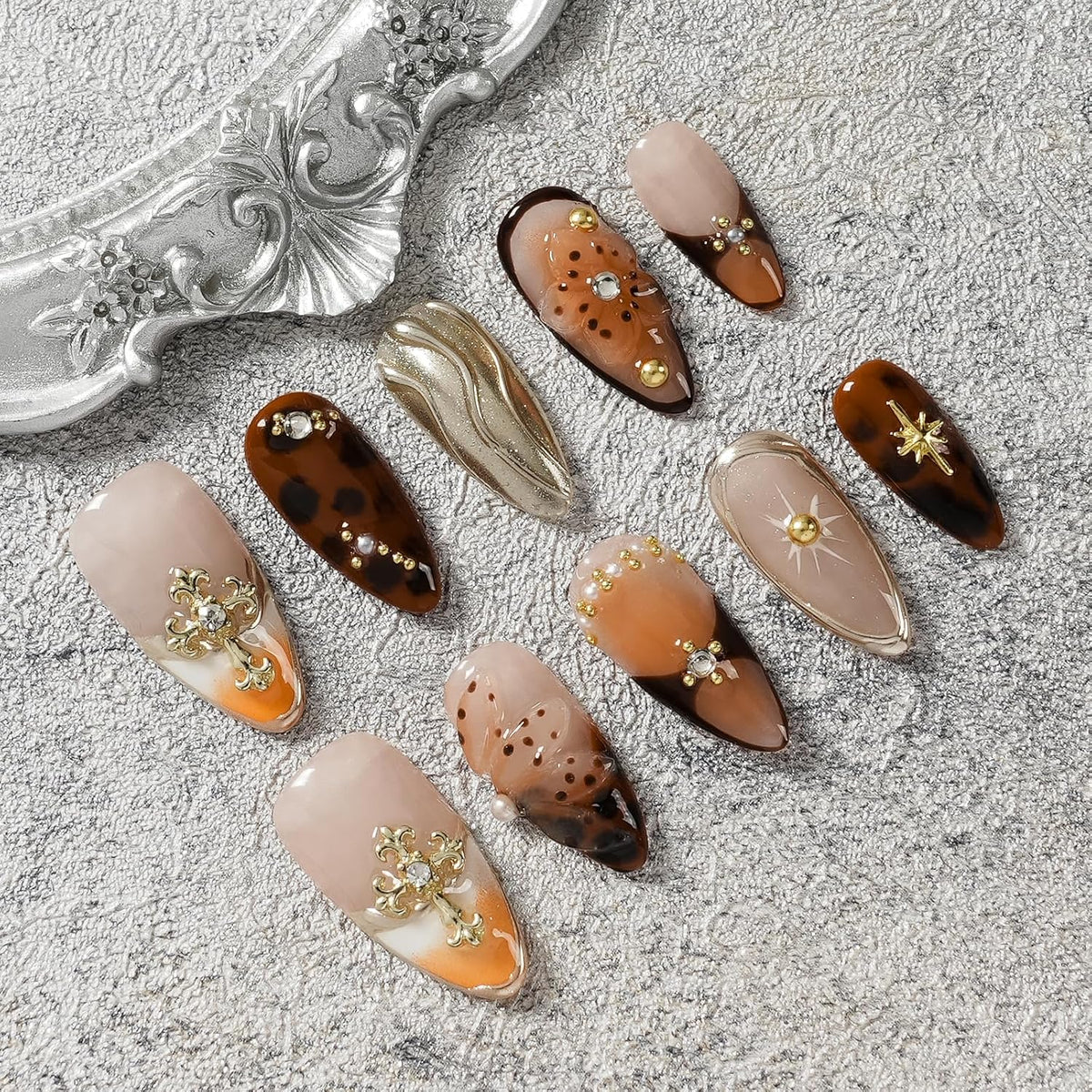 Gothic 3D Floral Press on Nails Medium Almond - Gold Cross & Rhinestone Design, Handmade Pearl Luxury Dark Romantic Reusable Nails (Orange Diamond Sweet Luxury,L)