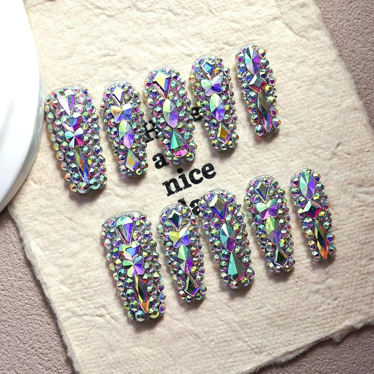 Luxury Handmade Press on Nails Long Coffin Fake Nails Rhinestone Crystal Full Cover False Nails with Glue with Designs Sparkly Long Acrylic Nail Reusable Stick on Nail for Women 10Pcs(Size M)