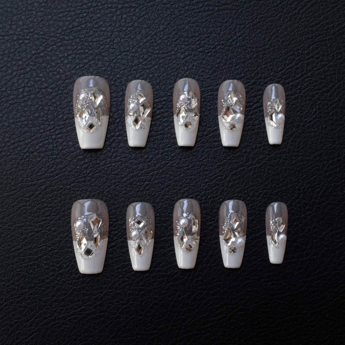Luxury Handmade Press On Nails, Vintage Bohemian Style, Long Stiletto Shape, Crystal Heart Gems, Gold Stars Design, 10 Pieces (Large, LS)