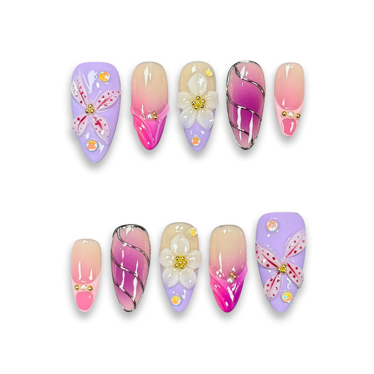Pressmeon Handmade Press-on Nails | Holy Glory | Long Stiletto Shape Collection | 3D Luxury Salon Quality | Reusable & Extra Durable | Eco Package