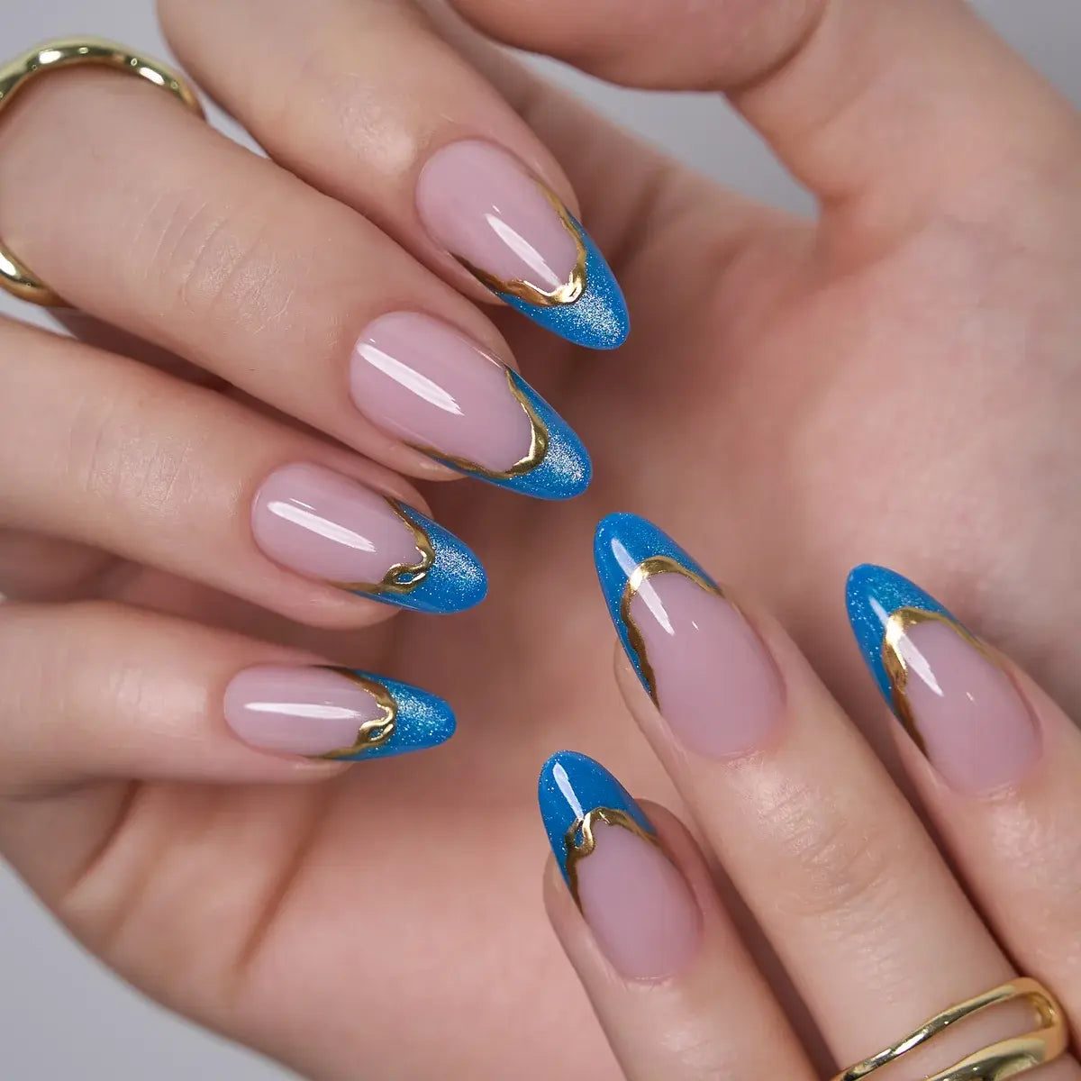 CurvLife Luxury Art Press-On Nails Collection – 30PCS Long Almond Styles, Intricate French Tips, Metallic Lines, Gem Accents and Elegant Statement Designs, Reusable Salon-Quality Nails for Special Occasions, Parties and Refined Everyday Glam